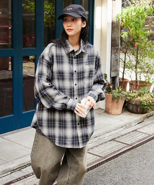 retock's】ロゴ刺繍 オンブレチェック ビッグシルエット長袖シャツ