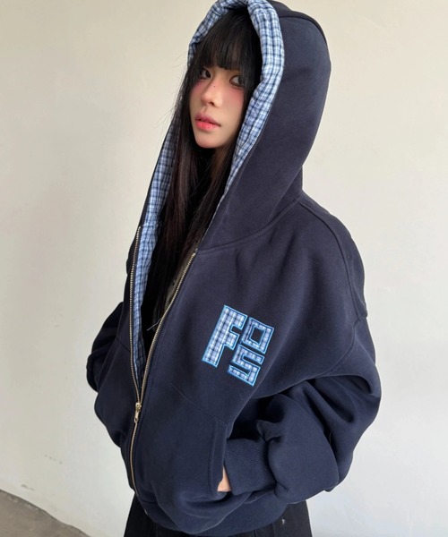 セール】【SALE 】チェック柄フード付きジップパーカー/韓国っぽゆる