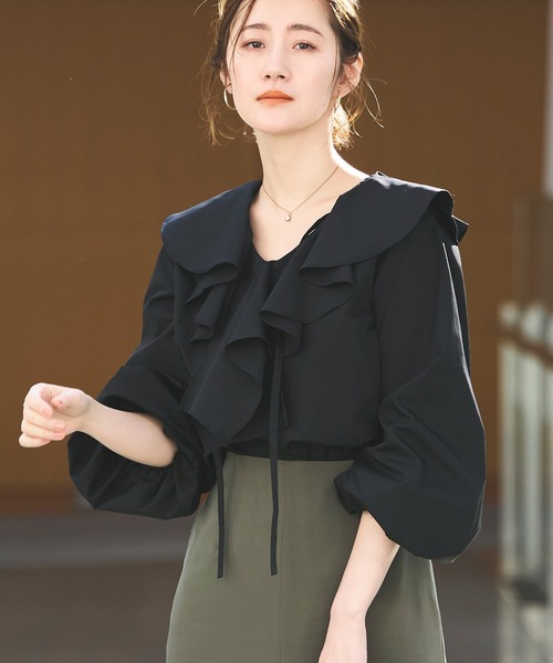 洗える ｜ ラッフルフリルカラーブラウス ｜ レディース 体型カバー