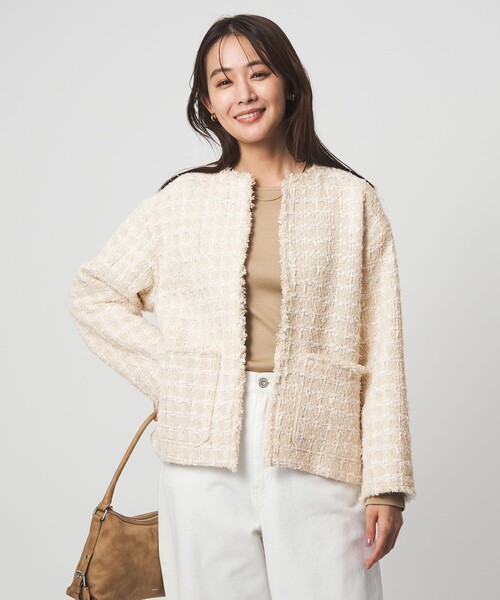 セール】ファンシー ツイードライク ポケット ノーカラー ジャケット