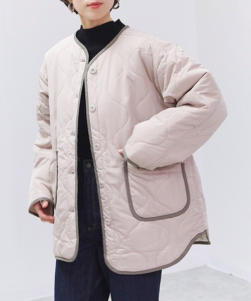 セール】配色パイピングキルト中綿ジャケット（ノーカラージャケット