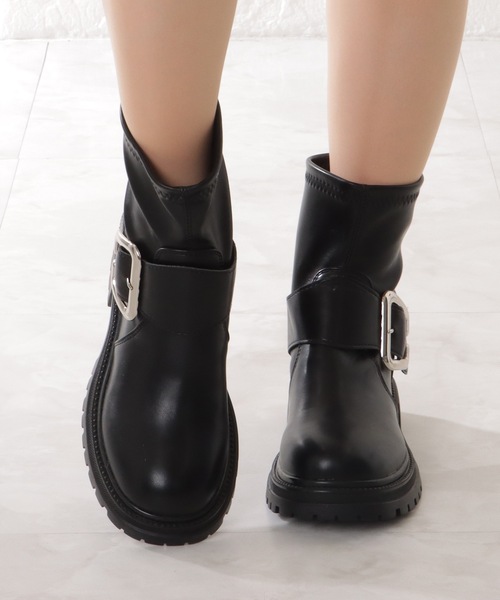 セール】レザー調ビッグバックル付きトラックショートブーツ（ブーツ