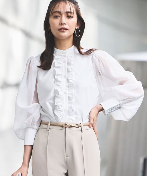 洗える ｜ オーガンジー スリーブ フロントフリル ブラウス