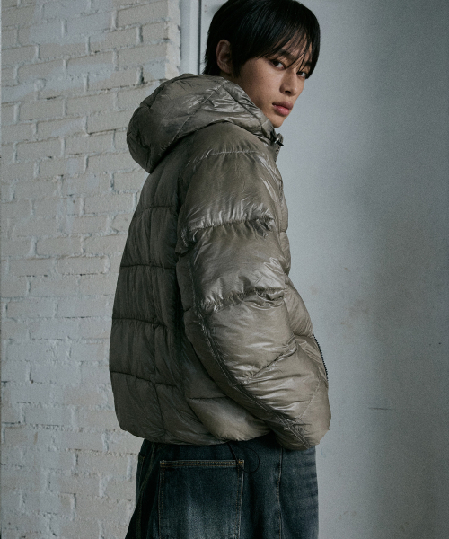 シースルーキルティングフード軽量ダウン - ダークグレー（ダウン