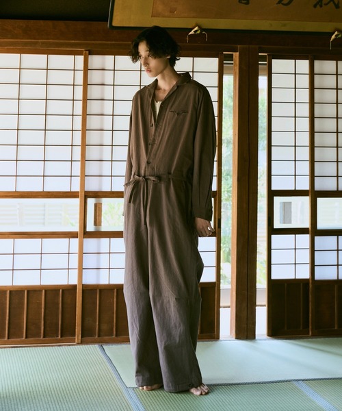 open collar cotton linen belted l/s jump suit / コットンリネン