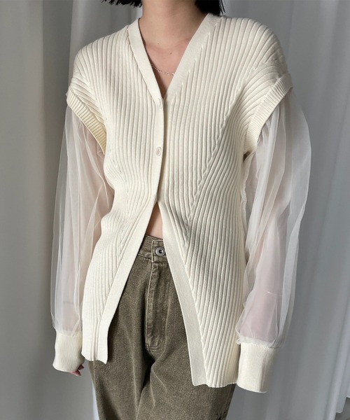 セール】SHEER SLEEVE WAVE KNIT CARDIGAN（カーディガン/ボレロ
