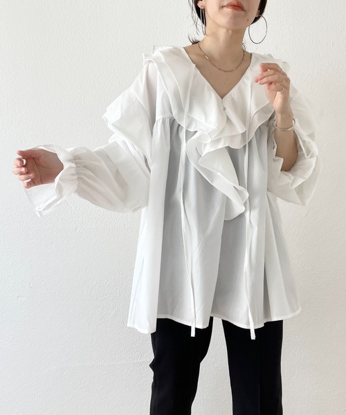 セール】big collar frill blouse / 付け襟風ビッグカラーフリル