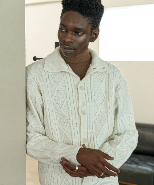 プレートフィッシャーマンニットカーディガン_ネイビー（ニット