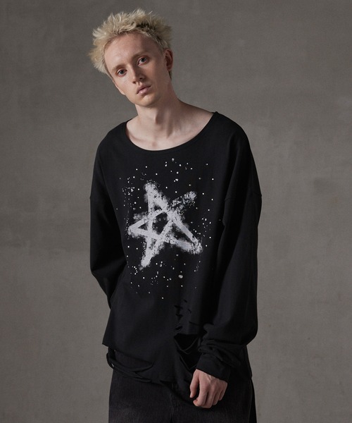 GRANCY】LinestoneDesign Graphic Damage LongTee / ラインストーン