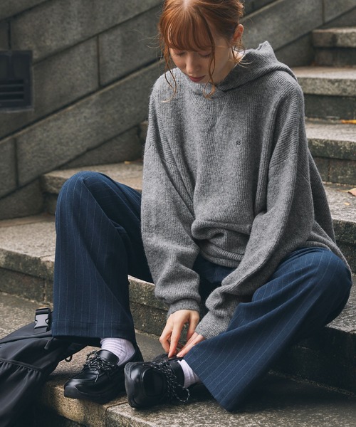 セール】ナンバリング刺繍 オーバーサイズ フード ニットプルオーバー