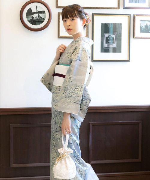 レディース 洗える着物 単品 袷 M/L ミモザシリーズ 飛び蝶 黒市松