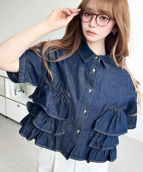セール】半袖ティアードフリルデニムシャツ（シャツ/ブラウス