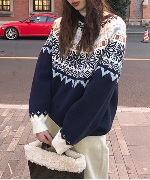 セール】ノルディック柄ふわもこ冬ニットプルオーバー（ニット