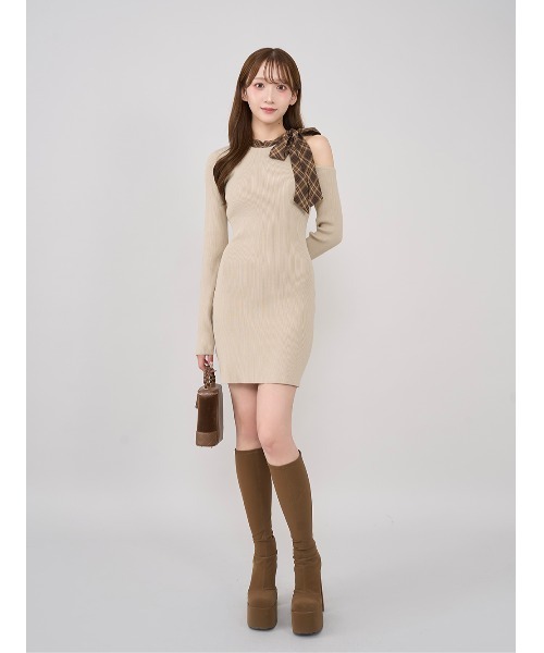 チェックリボンワンショルニットミニワンピース（ワンピース）｜Darich