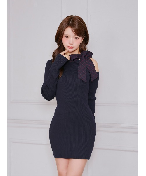 チェックリボンワンショルニットミニワンピース（ワンピース）｜Darich