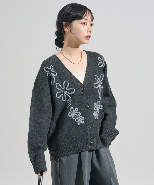 セール】配色 コード刺繍 花柄 ニット カーディガン（カーディガン