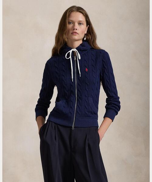 ケーブルニット コットン フルジップ フーディ（パーカー）｜POLO