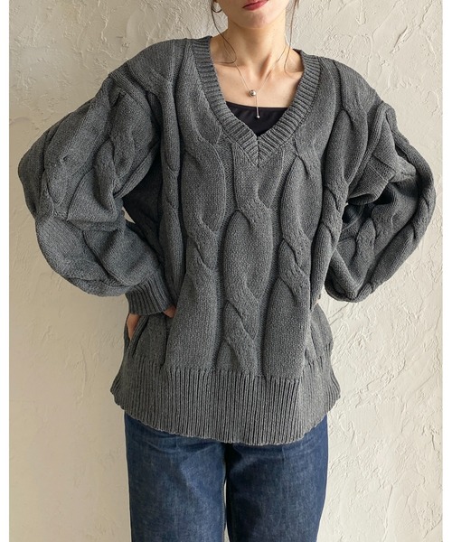 セール】オーバーサイズ長袖深Vネックざっくりケーブルニット（ニット