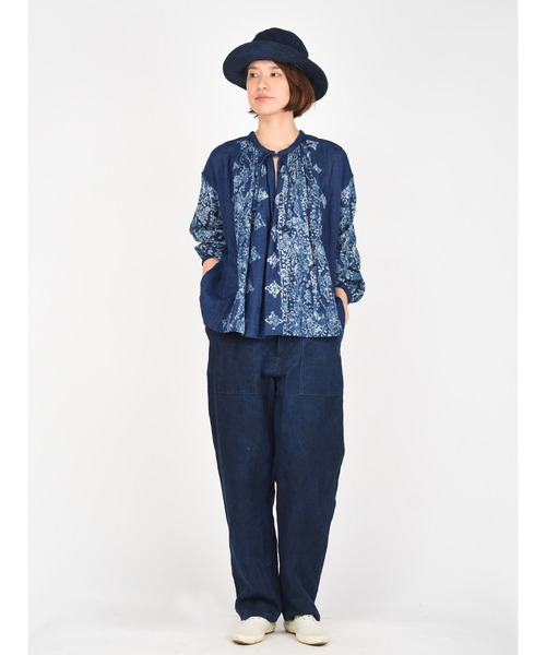 45rpm 二重織抜染プリントのギャザーブラウスインディゴ