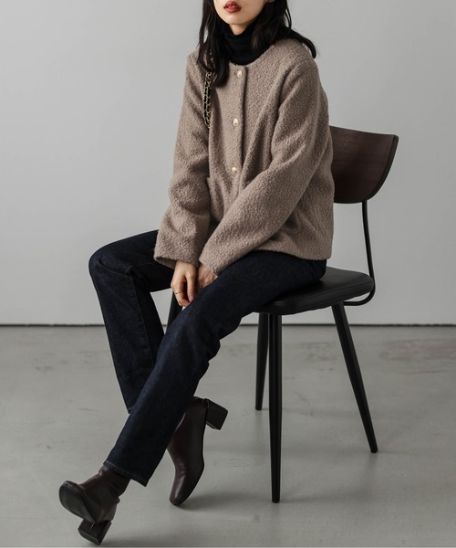 セール】ウールライク ノーカラージャケット（ノーカラージャケット