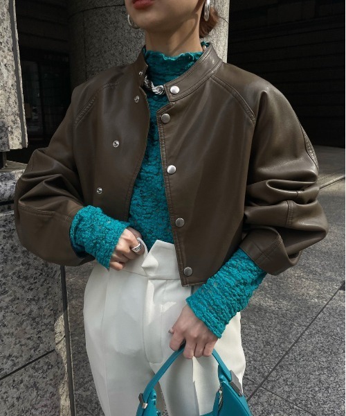 ROUND SHORT SYNTHETIC LEATHER JACKET（その他アウター）｜Ameri