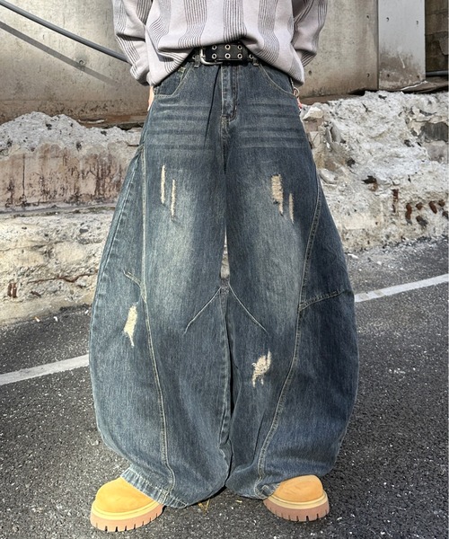 ADAMASTE SELECT】Curve Damage Denim Pants - カーブダメージデニム