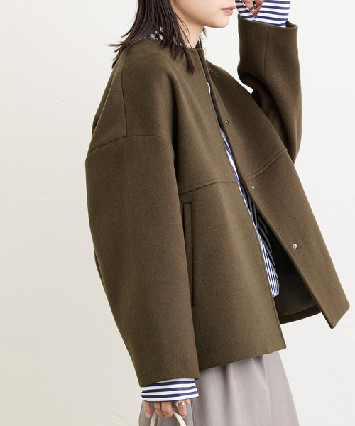 スーパー140ビーバーノーカラーショートコート（ノーカラーコート