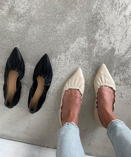 ポインテッドトゥギャザーフラットシューズかかとが踏めるバブーシュ
