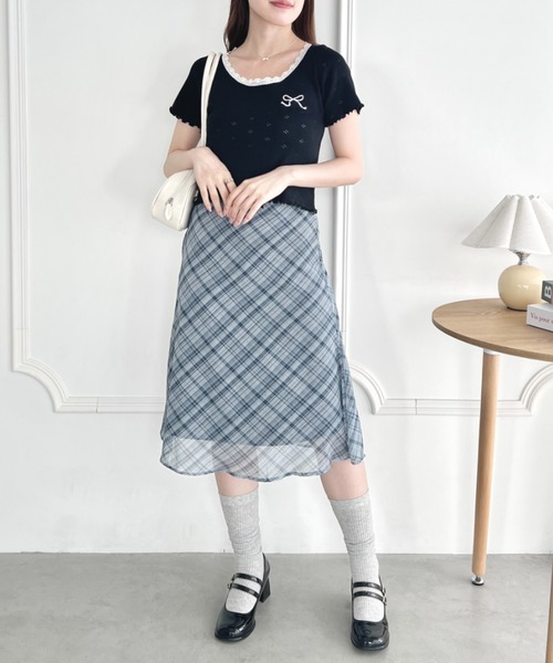 セール】リボン刺繍レーストリムトップス（Tシャツ/カットソー