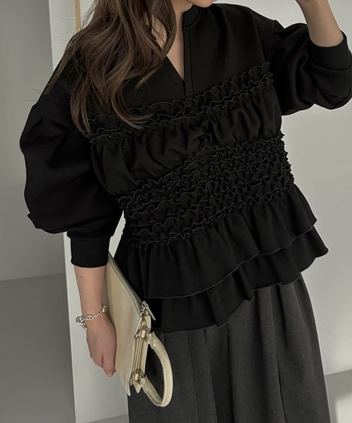 stair gather frill keyneck sweat スウェット stair gather frill