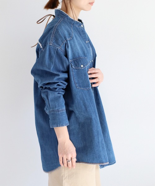 セール】〈セットアップ対応〉リメイクデニムバンドカラーシャツ