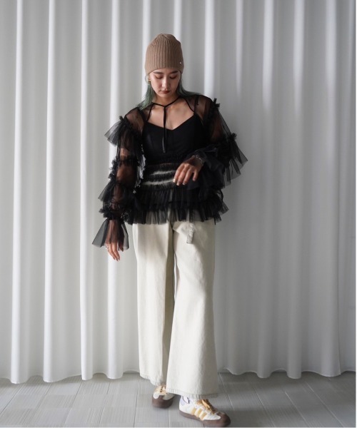 Ameri（アメリ）の「BLACK TULLE RAFFLE CAMI TOP（その他トップス