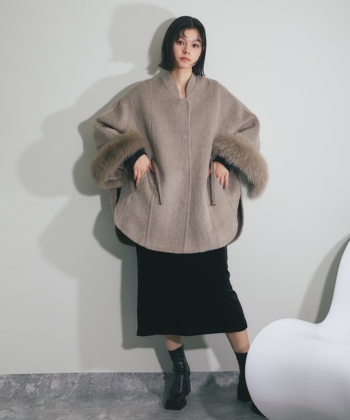 Sov❶アイボリー ➁ベージュ ファー付き ポンチョコート、2着 Sov