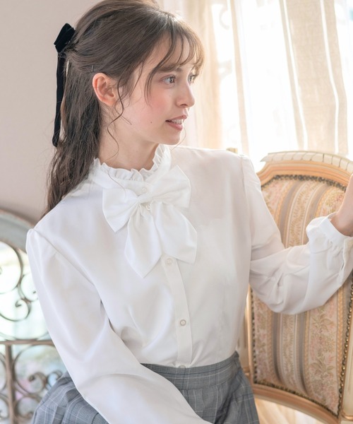 セール】リボン付き フォーマル長袖白ブラウス（シャツ/ブラウス