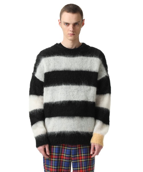 ユニフォームエクスペリメント モヘアボーダーセーター 黒グレー 左袖