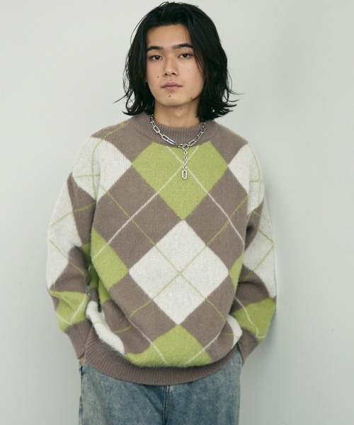 セール】Mohair like jacquard argyle knit sweater / モヘアライク