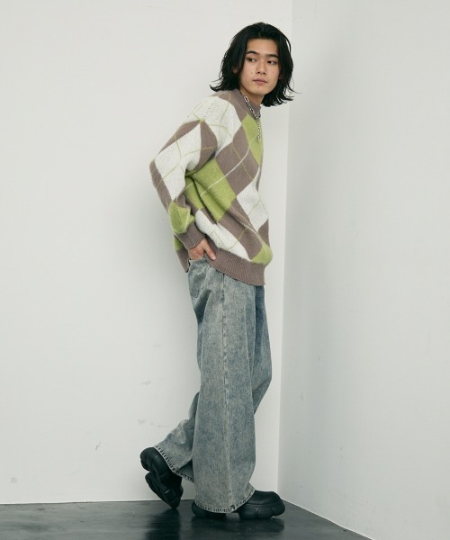セール】Mohair like jacquard argyle knit sweater / モヘアライク