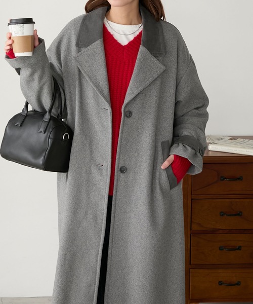 セール】襟コーデュロイリバーメルトンロングコート（チェスターコート