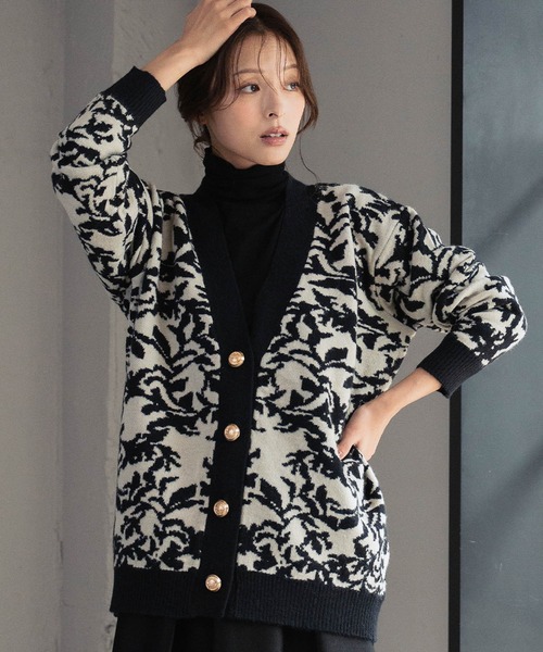 セール】Vネック ジャガード ニット カーディガン リーフ柄