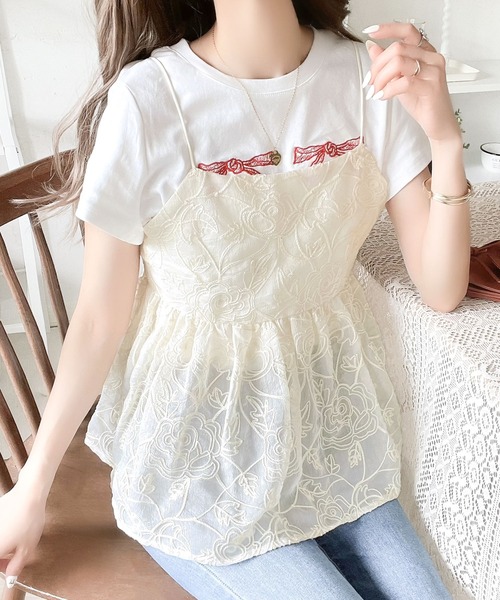 セール】大人のレイヤードスタイル。シアー花柄刺繍オーバーキャミ