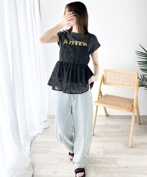 セール】大人のレイヤードスタイル。シアー花柄刺繍オーバーキャミ