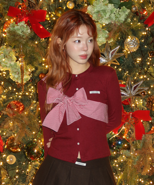 リボンタイドニットカーディガン_ワイン（カーディガン/ボレロ