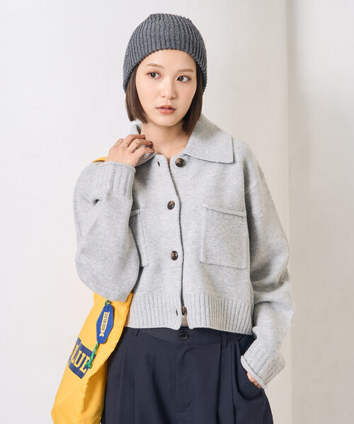 セール】襟付き ポケットショートニットカーディガン/クロップド丈