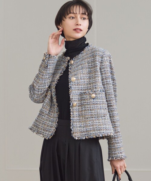 GIOLICAツイード ノーカラー ボタン ジャケット（ノーカラージャケット