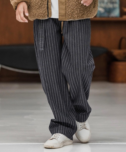 mp13866-Stripe Denim Two Tuck Wide Belted Pants ストライプデニム