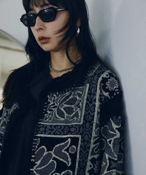 Ameri（アメリ）の「RUG PATTERN KNIT JACKET（ノーカラージャケット