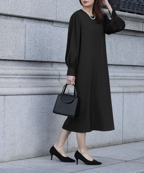 セール】【喪服・礼服】プリーツスリーブIラインワンピース ブラック