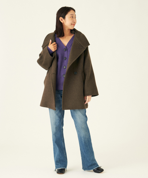 美品 L'ESSAGE MANTECOトップビーバースタンドショートコートカーキ