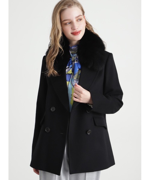 セール】◇FOXファー付きカシミヤ混ショートコート（ピーコート