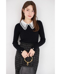 襟レース ニット 長袖」に該当するブラック/黒色系のファッション通販